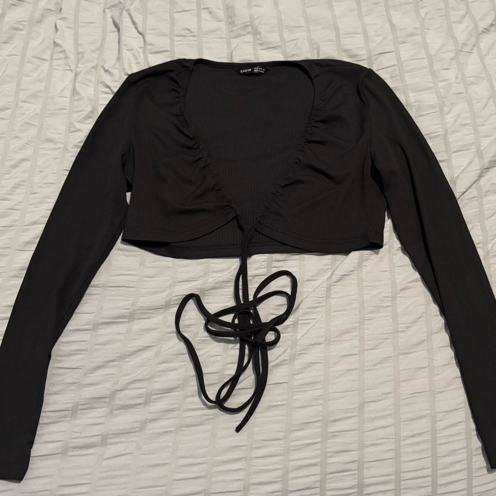 SHEIN Black Long Sleeve Ruched Tie-Front Blouse